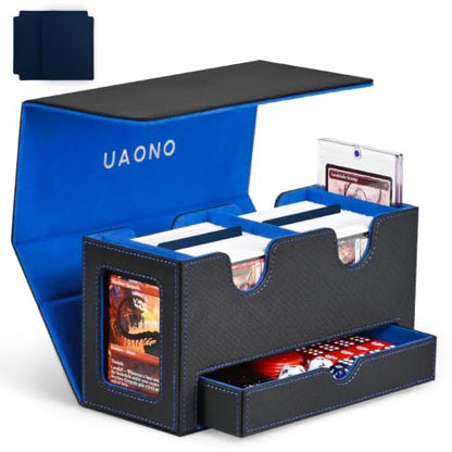 UAONO 3-in-1 MTG Commander Deck Box, Black Blue | 2 Magnetic Card Holders & 1 Dice Tray, Fits 200 Double Sleeved, Card Organizer Compatible with Magic the Gathering - color: Black&Blue