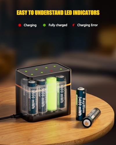 8 Pack 3400mWh Rechargeable Lithium AA Batteries with Charger | 1.5V Constant Output, High Capacity, 8-Slot Double A Li-ion Charger with Smart Charging, Multiple Charging Protections - color: 8AA+Charger