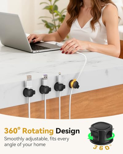 Rotatable Cord Organizer 6Pack, Spring Cable Clips With Clasp Lock, No-Residue Adhesive Cable Organizer, Cord Holder for Nightstand Car Home Office (Black)