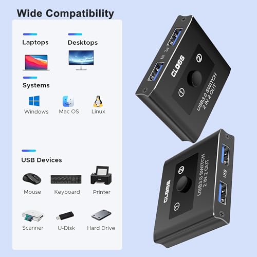 USB 3.0 Switch 2 in 2 Out, USB Switcher for 2 Computers, Share Keyboard, Mouse, Printer, Scanner, KVM Switch Selector, Compatible with Windows, Mac, Linux, Includes 2 USB-A 3.0 Cables - size: USB Switch
