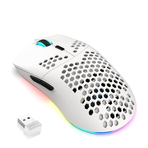 FREEWOLF X HXSJ T66 Wireless Gaming Mouse Tri-Mode Superlight Honeycomb Design PAW3212 3600DPI Sensor 1000Hz Polling Rate Bluetooth/2.4Ghz/Wired Ergonomic PC Mice RGB Light Programmable Buttons-White - color: white