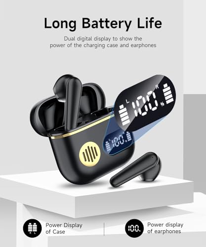 CoolJumper Wireless Bluetooth 6.1 Earbuds with Real-Time AI Assisted Translation, Digital LED Charging Case Waterproof Sport in Ear Headphones for Travel Gym Running - color: black gold