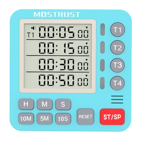 Digital Dual Kitchen Timer, Multiple Channels Countdown Timer for Cooking, Magnetic Memory-Preset Large Display Adjustable Alarm Volume, 3A Battery Included (Blue, 4 Channels) - color: Blue