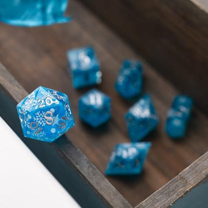 Christmas Blue Snowflake Resin DND Dice Set | 7 Pcs Polyhedral RPG Dice Set with Box | Hand Carved Resin RPG Dice for Dungeons & Dragons, Pathfinder, Tabletop Games