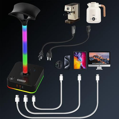 cozoo RGB Headphone Stand with Charger 3 USB Ports and 2 AC Outlets,2 USB-A 1 Type C,Desk Gaming Headset Holder with 9 Light Modes,PC Gaming Desk Accessories,Gamer Gifts,RGB Gaming Stuff Headset Stand | 9 Light Modes:7 Static & 3 RGB Dynamic Lights; 2 AC,