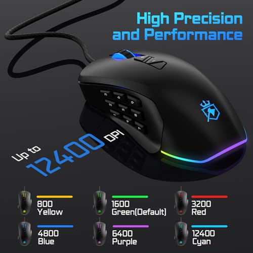 Wired Gaming Mouse with Side Plates, MMO Mouse with 14 Programmable Buttons, Ergonomic Gaming Mouse with 2 Grip Plates, Computer Mouse with Max 12,400 DPI, RGB Lighting, Grip Tape Included