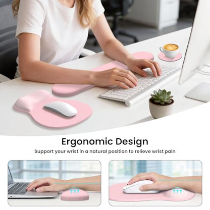 AKIT Ergonomic Mouse Pad and Keyboard Wrist Rest, 3-in-1 Memory Foam Wrist Rest for Computer Keyboard, Non-Slip Base, Pain Relief, Gel Mousepad Set for Gaming, Home and Office, Pink - color: Serenity Pink