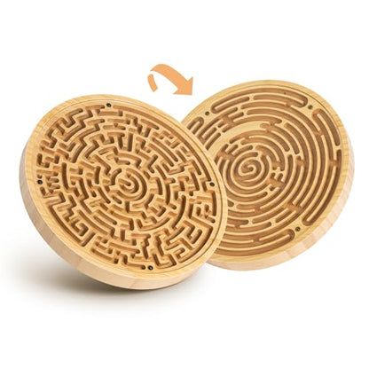 Wooden Labyrinth Board Game with Two Versions of Upgraded Circular Marble Maze with Two-Sided Design, 2-in-1 Puzzle Maze with Two Metal Balls, Brain Teaser Game for Children, Teenagers, and Adult - color: 2 in 1