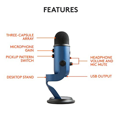 Logitech Creators Blue Yeti USB Microphone for PC, Mac, Gaming, Streaming, Podcasting, Studio and Computer Condenser Mic with Blue VO!CE Effects, 4 Pickup Patterns, Plug and Play - Midnight Blue | USB Plug-and-Play Condenser Mic with Blue Vo!ce, Headphone