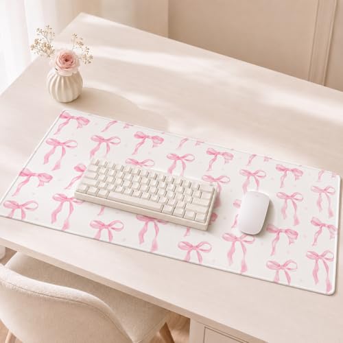 Pink Bow Desk Mat 35.4x15.7 Inch, Large Extended Mouse Pad with Coquette Bow Pattern, Non-Slip Waterproof Desk Pad for Home Office, Study & Aesthetic Setup (Pink Bow) - color: Pink Bow