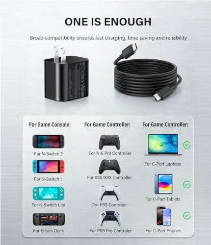 60W Charger for Nintendo Switch 2, PD 3.0 Fast Charging AC Adapter Replacement for Switch 2/Switch/OLED/Steam Deck, Supports 4K TV Dock Mode & Handheld Mode, 5ft Detachable Cable