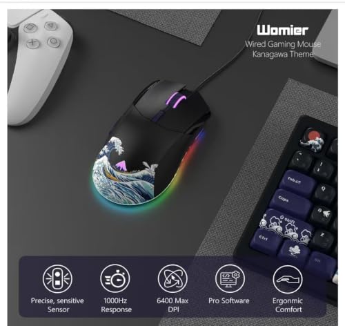Womier Wired Gaming Mouse,Black RGB Anime Mouse w/Ergonomic Computer | 12000DPI/6 Programmable Buttons Programmable Buttons for Laptop PC Mac Windows (G705 V2 Kanagawa) - color: Black