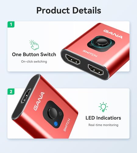 HDMI Switch 4k@60hz Splitter, GANA Aluminum Bidirectional HDMI Switcher 2 in 1 Out, Manual HDMI Hub Supports HD Compatible with Xbox PS5/4/3 Blu-Ray Player Fire Stick Roku - color: Red (No Cable)