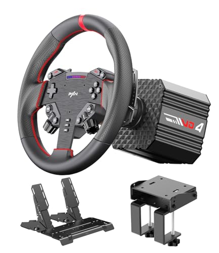 PXN Direct Drive Racing Wheel, VD4 Bundle - 4Nm Force Feedback | Servo Motor Base, 11-Inch Steering Wheel, Hall Effect 2-Pedal Set, Desk Clamp Mount - PC Sim Racing Bundle for Windows 7-11