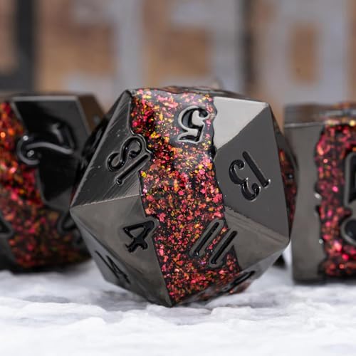 Metal Polyhedral Dice Set, 7PCS RPG Dice with Galaxy Glitter Resin Inlay for Dungeons and Dragons, Pathfinder Tabletop Role Playing Games - color: Black Nickel Red