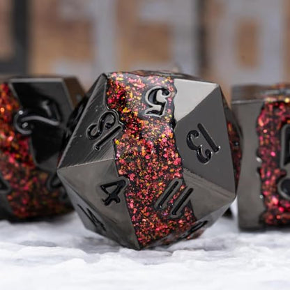 Metal Polyhedral Dice Set, 7PCS RPG Dice with Galaxy Glitter Resin Inlay for Dungeons and Dragons, Pathfinder Tabletop Role Playing Games - color: Black Nickel Red