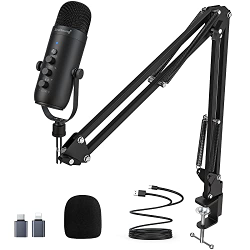 ZealSound Podcast Microphone with Boom Arm, USB Mic with Noise Reduction, Mute, Echo & Volume Control, Zero-Latency Monitoring, Compatible with PC Mac iPhone & Android, for Podcasting Gaming YouTube - color: Black