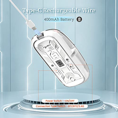 A.JAZZ Wireless Bluetooth5.1&2.4G Mini Lightweight Mouse,Transparent Clear Cool,Rechargeable Silent Computer Mice,Nano USB C Receiver,LED Battery Magic Silm for Office/PC/Mac/Laptop/Apple/ipad(White) - color: White