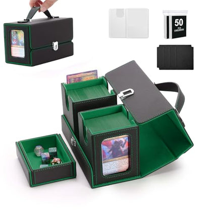 MTG Card Storage Box, 3 In 1 Graded Carrying Deck Box, 2PCS Commander Deck Boxes with Dice Tray, Removable Box Lid with Handle Black/Green - color: Black/Green, size: 3 IN 1 + Handle