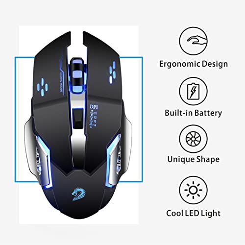 Uciefy Q85 Rechargeable Wireless Gaming Mouse, 2.4G LED Optical Silent Wireless Computer Mouse with 4 LED Light, 3 Adjustable DPI, Ergonomic Design, Auto Sleeping (Black) - color: Black