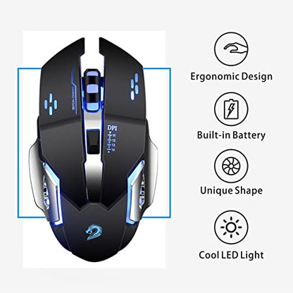 Uciefy Q85 Rechargeable Wireless Gaming Mouse, 2.4G LED Optical Silent Wireless Computer Mouse with 4 LED Light, 3 Adjustable DPI, Ergonomic Design, Auto Sleeping (Black) - color: Black