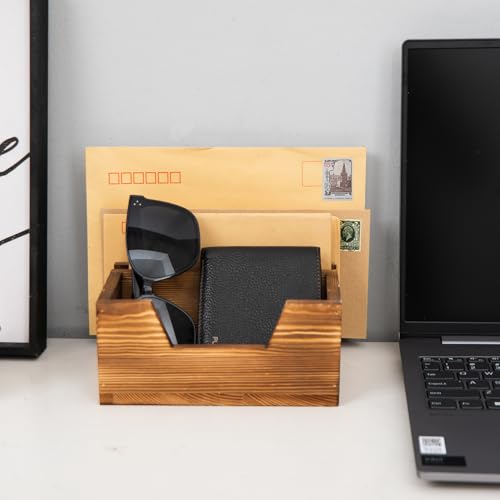 Rustic Brown Wooden Mail Organizer Key Holder Entryway Table Office Desk Multiple Letter Trays Daily Essentials Storage Bin Solid Wood Letter Document File Rectangular Sorter Accessories Home