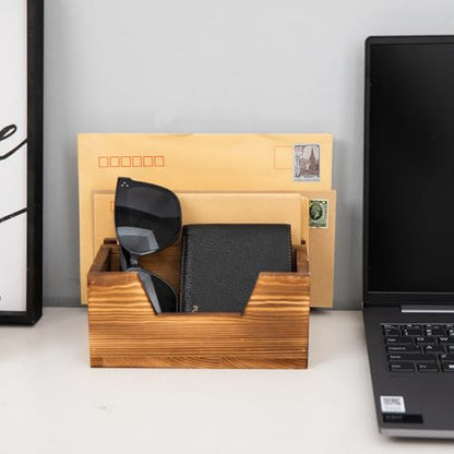 Rustic Brown Wooden Mail Organizer Key Holder Entryway Table Office Desk Multiple Letter Trays Daily Essentials Storage Bin Solid Wood Letter Document File Rectangular Sorter Accessories Home