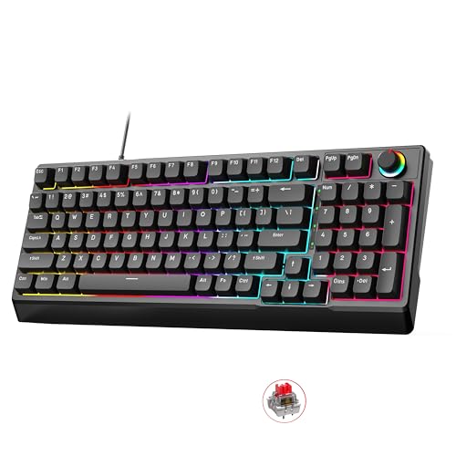 Mechanical Gaming Keyboard with Red Switches: 98 Keys PC Gaming Keyboard with Backlit，Multi-Function Volume & Lighting Knob,Anti-Ghosting Wired USB keybaord for Elite PC/Mac Gamers