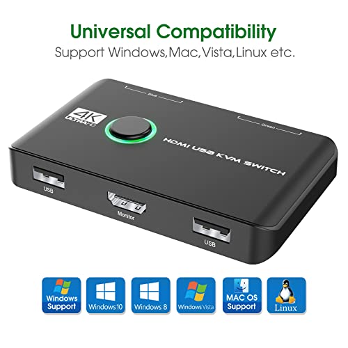 4K KVM Switch HDMI 2 Port Box, USB HDMI KVM Switches for 2 Computers Share Keyboard Mouse Printer and one HD Monitor, Support UHD 4K@60Hz, with 2 USB Cables and 2 HDMI Cables