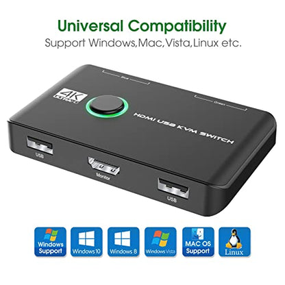 4K KVM Switch HDMI 2 Port Box, USB HDMI KVM Switches for 2 Computers Share Keyboard Mouse Printer and one HD Monitor, Support UHD 4K@60Hz, with 2 USB Cables and 2 HDMI Cables