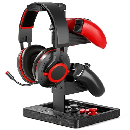 Solid Wood Controller Holder and Headphone Stand, Controller Stand for Desk | Dual Gaming Controller Organizer Rack, Fits Xbox, PS4, PS5, Gamepad, Headset Holder for Son, Husband, Boyfriend-Black