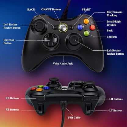 Wired Controller for Xbox 360 – USB Gamepad with Dual Vibration, Turbo Function & 7.2FT Cable – Compatible with Xbox 360/360 Slim and PC Windows 7/8/10/11 – Plug and Play Design – Black
