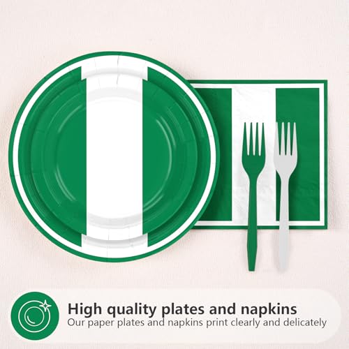 96 Pcs Nigeria Flag Themed Party Decorations, Serves 24 | Green White Plates and Napkins Nigerian Independence Day Tableware for African Cultural National Day Soccer Party Supplies - style: Nigeria Themed Plates m