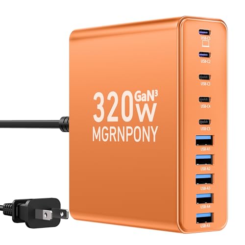 320W USB C Charger Block, 10-Port USB C Charging Station GaN III PD 65W Laptop Fast Charger Adapter for MacBook Pro/Air, DELL, iPad, iPhone, Samsung Galaxy (Orange) - color: Orange
