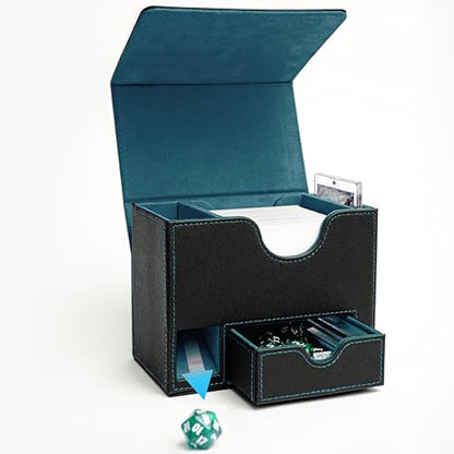 Commander Deck Box for MTG with Dice Tray - Card Deck Box Fits 100 Double-Sleeved Cards & 35PT Card Brick with Commander Display & Magnetic Holder for TCG/CCG Games-Black/Cyan - color: Black Cyan