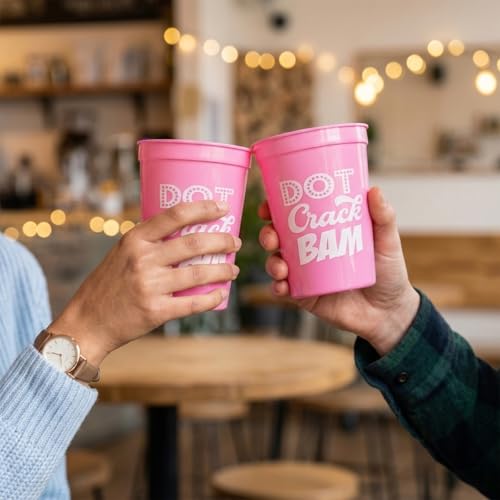16Pcs Mahjong Plastic Cups Reusable 16oz DOT Crack BAM Party Supplies Themed Birthday Game Night (Pink)