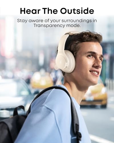 Soundcore by Anker Q20i Hybrid Active Noise Cancelling Headphones, White | Over-Ear, Bluetooth, 40H ANC Playtime, Hi-Res Audio, Big Bass, Transparency Mode, Customize via App, Travel, Home, Office - color: Almond White