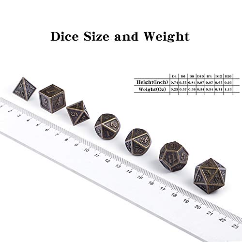 DnDnD Ancient Design Dice, 7PCS Brass DND Metal Dice with Metal Box for Table Games Dungeons and Dragons D&D - color: Ancient Brass