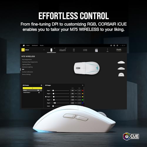 Corsair M75 Wireless RGB Lightweight FPS Gaming Mouse – 26,000 DPI – Swappable Side Buttons – iCUE Compatible – PC – White | 89g Ambidextrous, Swappable Magnetic Side Buttons, Marksman 26, Slipstream 2.4ghz and Bluetooth, Up to 105h Battery - color: White