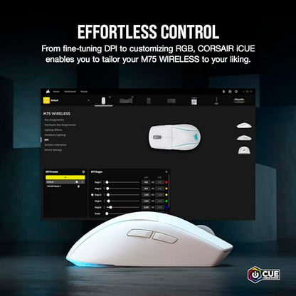 Corsair M75 Wireless RGB Lightweight FPS Gaming Mouse – 26,000 DPI – Swappable Side Buttons – iCUE Compatible – PC – White | 89g Ambidextrous, Swappable Magnetic Side Buttons, Marksman 26, Slipstream 2.4ghz and Bluetooth, Up to 105h Battery - color: White