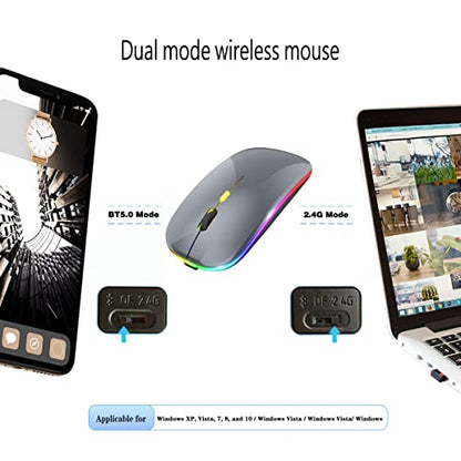 WREANU Wireless Bluetooth Mouse Rechargeable Laptop Mice with LED Lights Silent Slim Use(BT5.2 and 2.4G Portable USB) Dual Mode Computer Mouse for Laptop/iPad/Tablet/Apple/Computer/Mac (Grey) - color: Grey