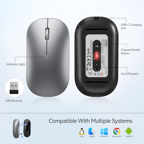 TECKNET Bluetooth Mouse for MacBook, [ USB + BT5.0 + BT3.0 ] Rechargeable Wireless Mouse, Silent Click, 4-Level DPI, Portable Computer Mice for MacBook/MacBook Air/Pro/iPad/Laptop/Android/Windows - color: Platinum