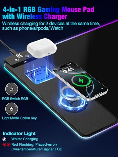 Mouse Pad with Magnetic Wireless Charging, Large Desk Pad Protector, RGB Black Mousepad Desk Mat with 15W Fast Charger, 4mm Thick Non-Slip, Waterproof Laptop Writing Pad for Office, Home, Gaming - color: Black Magnetic Charging 31.5x11.3"