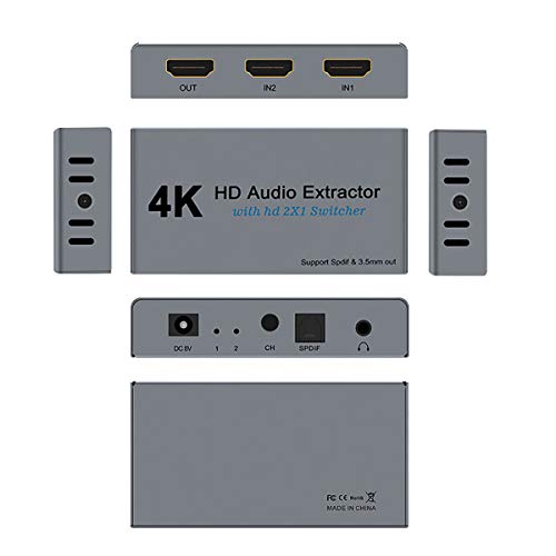 HDMI Switch 2x1 HDMI Splitter 2 in 1 Out Switcher HDMI Converter with 3.5mm/Optical Audio Extractor Adapter Support 4K30HZ 1080P Full HD for Xbox360 PS4 Roku HDTV Apple TV