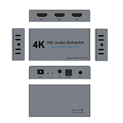 HDMI Switch 2x1 HDMI Splitter 2 in 1 Out Switcher HDMI Converter with 3.5mm/Optical Audio Extractor Adapter Support 4K30HZ 1080P Full HD for Xbox360 PS4 Roku HDTV Apple TV