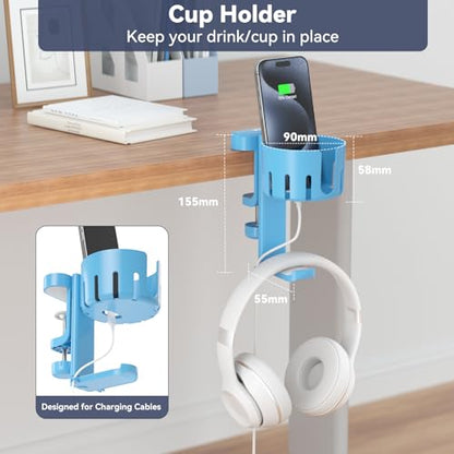 KDD 2 in 1 Headphone Hanger with Desk Cup Holder - Under Desk Clamp Rotatable Headset Holder - Suitable for Coffee Mups, Water Cups, Headphone(Blue)