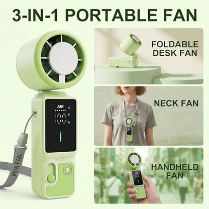 Portable Handheld Fan, 100-Speed Turbo Rechargeable Mini Fan | 3-in-1 Wearable Foldable Fan with Ice Compress Cooling. Ideal for Travel, Outdoor, Office. Compact & Long Battery Life. - color: Green