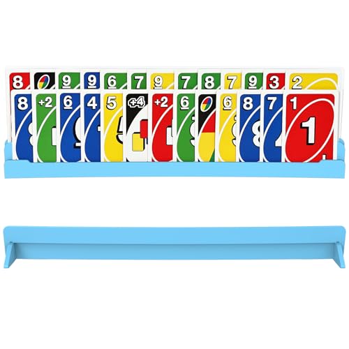 Set of 2 Playing Cards Holders for Seniors Adults – Multi-layer Curved Holders with Foldable Stand for Playing Cards Game Bridge Canasta Strategy Foot and Hand UNO, 2 Blue, for Holidays Game Nights