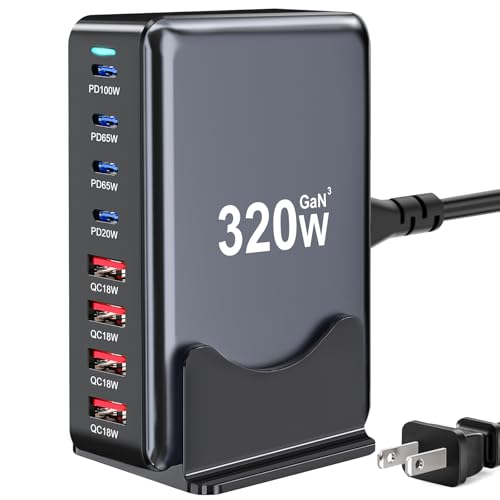 320W USB C Charger Block, Multi-port Fast USB Charging Station Dual PD 100W GaN Ⅲ Charging Station For Multiple Devices, Laptop Charger Adapter Compatible with MacBook, DELL, iPad, iPhone, Samsung etc - color: Black-320W