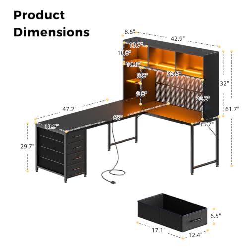 AODK 63" L Shaped Desk for Gaming and Working，Black | PC Desk with Hutch, Pegboard & Shelves, 4 Drawers, Integrated LED Light Strip & Power Outlets, Reversible - size: 63 Inch
